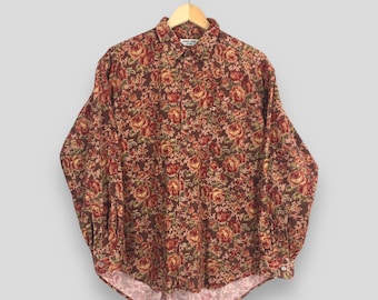 Vintage Abstract Red Floral Casual Flannel Pleated Shirt Medium 90s Pop Art Paisley Retro Butttondown Flower Corduroy Oxfords Size M