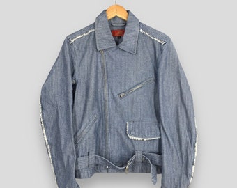 Vintage 90's Motorcycle Herringbone HBT Stripes Blue Denim Jacket Motorcycle Racer Bikers Jeans Hawg Cafe Racer Bondage Zipper Jacket Size L