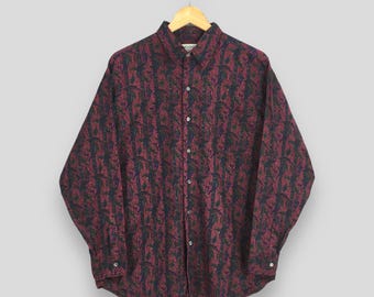 Camisa de franela informal vintage con estampado floral rojo abstracto, talla grande, estilo pop art con cachemir retro, botones, franela, arte floral, zapatos Oxford unisex, talla L