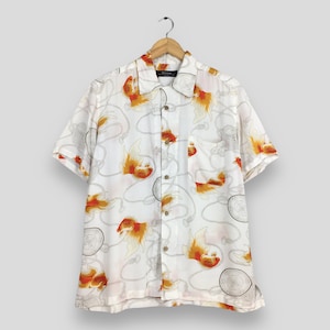 Vintage Hawaiian Japanese Gold Fish Rayon Shirt Large 90s Hawaii Beach Surf Tropical Sun Surf Japan Toyo Aloha Wear Shirt Buttondown Size L
