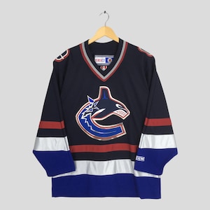 Maglia vintage anni '90 Vancouver Canucks NHL Ccm nera, taglia L, maglia da hockey su ghiaccio Vancouver Canucks, squadra canadese di hockey su ghiaccio, maglia retrò, taglia L.