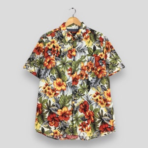 Vintage Hawaiian Hibiscus Flower Tropical Hawaii Shirt Large Aloha Over Print Honolulu Guam Beach Party Surfing Cotton Button Up Size L