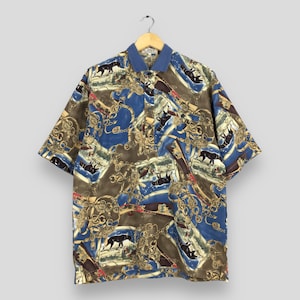 Vintage Vereloce Baroque Multicolor Shirt Large Designer Novelty Baroque Gold Chain Luxury Medusa Style Polo Button Collar Shirt Size L