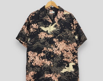 Vintage Hawaiian Japanese Sun Surf Phoenix Bird Rayon Shirt Large 90s Sukajan Japan Fuji Sakura Blossom Tropical Collar Loop Shirt Size L