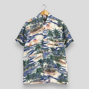 Vintage Hawaiian Beach View Aloha Silk Shirts Small 90&#39;s Floral Tropical Flower Hawaii Island Surf Beach Coconut Tree Buttondown Size S