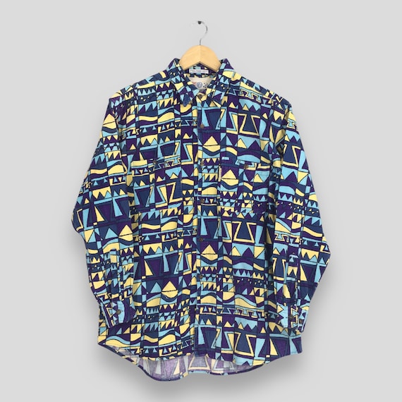 Vintage 1990s Multicolor Funky Abstract Flannel Shirt Medium Pop Art Geometric Pattern Party Disco Butttondown Casual Oxfords Size M