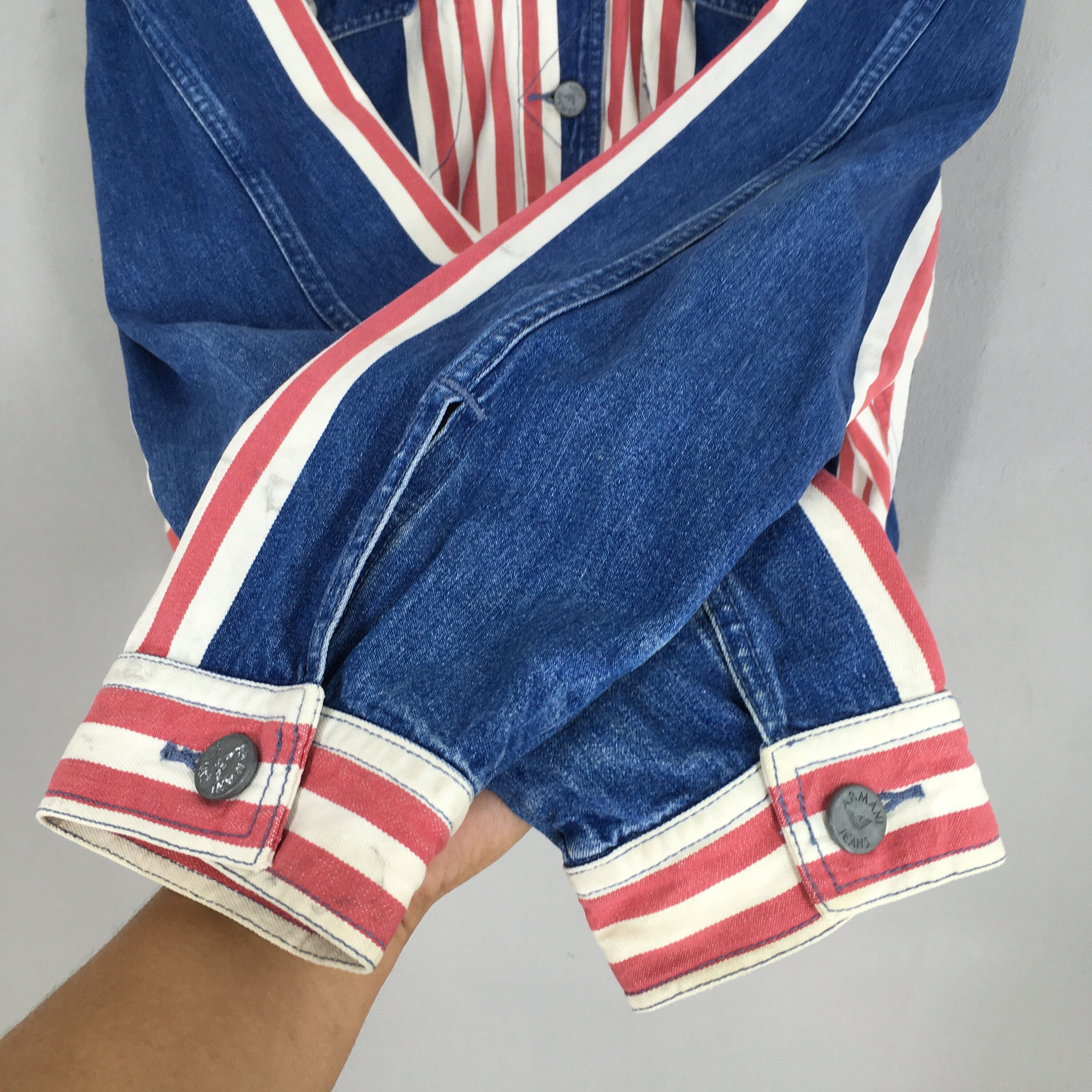 Vintage 90's Armani Jeans Denim Trucker Jacket Hoodie Large Armani