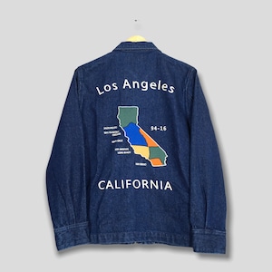 Chaqueta vaquera vintage Sukajan Dragon, chaqueta vaquera grande de los años 80 con bordado de mapas de Los Ángeles, EE. UU., chaqueta vaquera azul, chaqueta de recuerdo, talla L