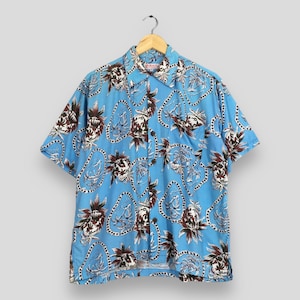 Vintage Hawaiian Aloha Coconut Tree Rayon Shirt Medium Paradise Surf King John&#39;s Tropical Oahu Hawaii Surf Beach Wear Blue Button Up Size M