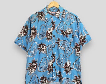 Koszula vintage hawajska Aloha Coconut Tree Rayon Medium Paradise Surf King John's Tropical Oahu Hawaii Surf Beach Wear w kolorze niebieskim zapinana na guziki, rozmiar M