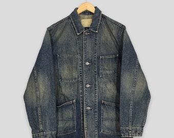 Vintage 90-tals Gap amerikansk denim arbetarjacka stor 1990-tals arbetsklädesstil denim blekt Chore jeansjacka knappar unionstillverkad sanforiserad storlek L