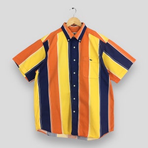 Vintage Lacoste Stripes Multicolor Oxfords Shirt Large 90&#39;s Lacoste Striped Flannel Casual Wear Button Down Orange Yellow Funky Shirt Size L