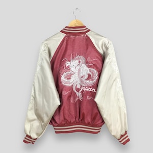 Vintage Sukajan Japan Dragon Souvenir Jacket Large 1980s Sukajan Dragon Raijin Devil Embroidered Sukajan Varsity Red Satin Jacket Size L