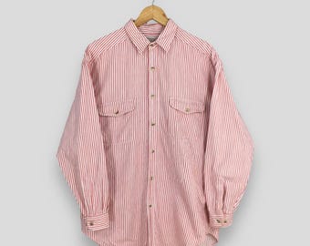 Camisa de franela roja vintage con rayas verticales, talla grande. Estilo retro western, camisa Oxford a rayas para hombre, años 80. Camisa de franela abotonada, talla L.