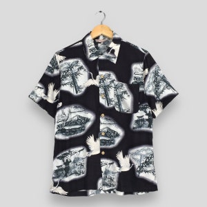 Vintage 1980s Hawaiian Honolulu Bamboo Tree Rayon Shirt Medium Phoenix Bird Hawaii Sukajan Japanese Summer Wear Aloha Button Up Shirt Size M