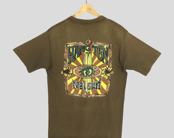 T-shirt Vintage Grand Format Hang Ten - Motif Surf Rare - Taille L Homme - Coton - Années 90