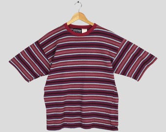 Vintage jaren 90 Bugle Boy veelkleurige strepen T-shirt grote Bugle Boy Streetwear shirt Bugle Boy Ocean Wave surfen skateboarden T-shirts maat L