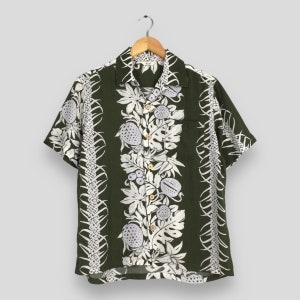 Vintage  Floral Pineapple Hawaiian Aloha Cotton Shirt Medium Hibiscus Aloha Tropical Honolulu Surfing 90s Summer Wear Green Button Up Size M