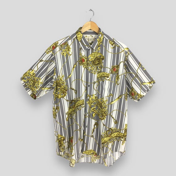 Vintage 90s Novelty Baroque Rayon Shirt Large Retro Abstract Casual Gold Chain Luxury Psychedelic Buttondown Oxfords Summer Wear Size L