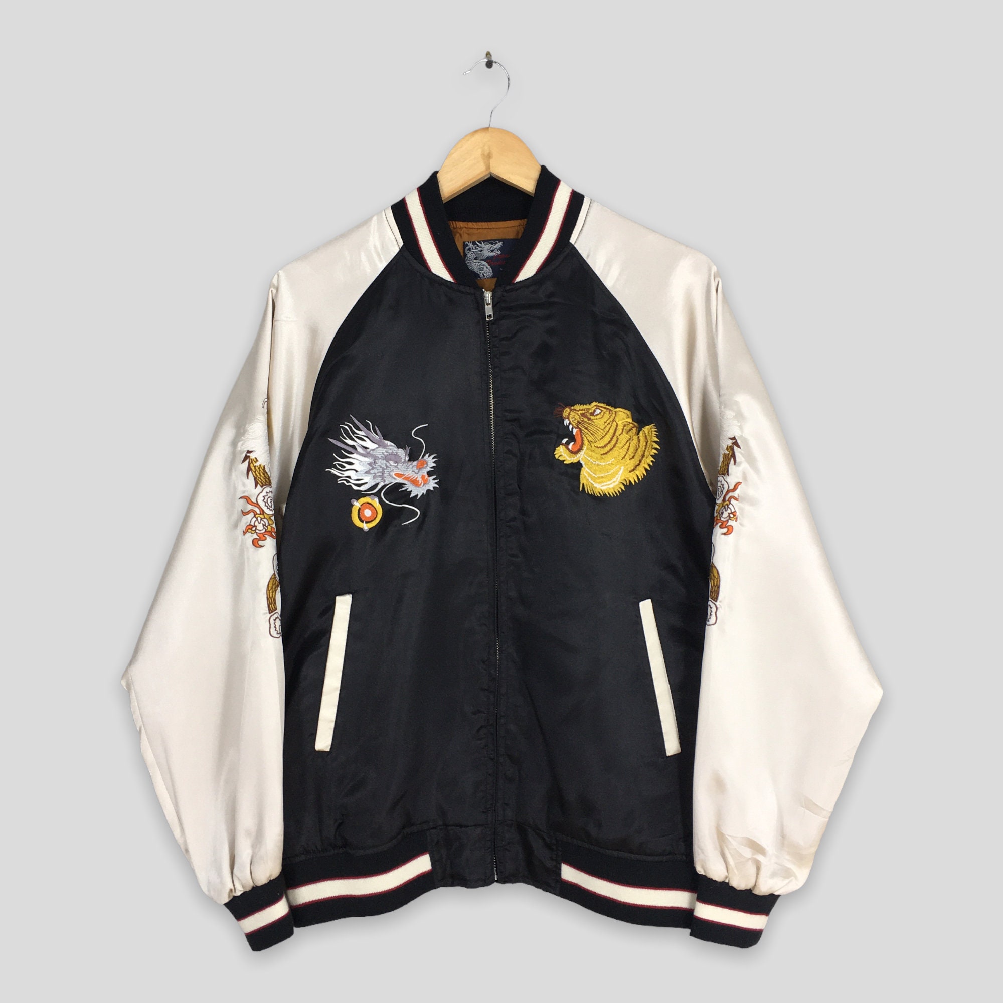 Sukajan Dragon Tiger Black Souvenir Jacket Large Vintage 80's