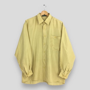 Camisa de seda lisa Lavord Uomo vintage de los años 80, mediana, camisa lisa amarilla de los años 90, camisa suave y ligera de los años 50 y 60 para hombre, con botones, ropa de verano, talla M