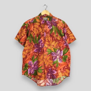 Vintage 90s Leaves Hawaii Aloha Shirts Medium Tropical Made In Hawaii Surf Multicolor Orange Tiki Honolulu Printed Button Up Shirt Size M