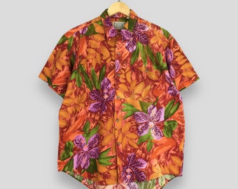 Vintage 90s Leaves Hawaii Aloha Shirts Medium Tropical Made In Hawaii Surf Multicolor Orange Tiki Honolulu Printed Button Up Shirt Size M