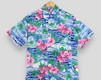 Koszula vintage z motywem kwiatów hibiskusa z Hawajów, średnia, japońska, hawajska, tropikalna, z palmami, na plażę, letnia, niebieska, z wiskozy, zapinana na guziki, rozmiar M