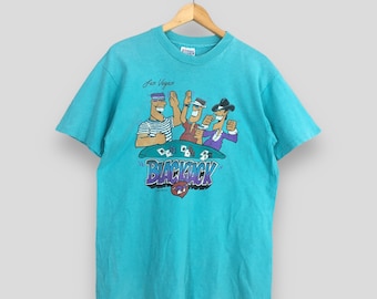 Camiseta vintage de Blackjack de Las Vegas de los años 90, tamaño grande, estilo americano, con cartas de póker del Casino Royale de Los Ángeles, ropa de calle, camisetas verdes Hanes de póker de Las Vegas, talla L
