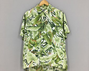 Vintage 90's Piko Hawaiian Aloha Tropical Shirt Medium Green Leaves Floral Beach Surf Pattern Overprinted Buttondown Oxfords Size M