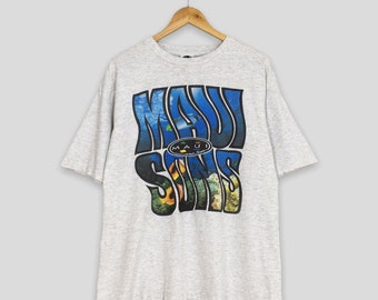 Vintage jaren 90 Maui & Sons Sharks Beach Wear Surfing T-shirt medium Hawaii Pipeline Beach Maui surfboard shirt Ocean Surfer grijs T-shirt maat M