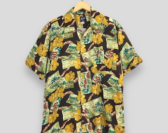 Vintage 80er Jahre Hawaii Aloha Floral Gedrucktes Hemd Medium Hawaiianisches Tropisches Blumen Hibiskus Surf Hula Girl Button Up Honolulu Rayon Shirt Größe M