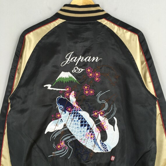 Vintage Sukajan Japan Fish Koi Jacket Black Medium Fish Koi Fuji