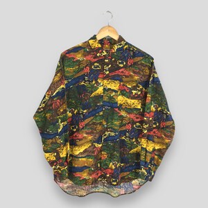 Camisa vintage Saburoku japonesa de los años 70 con estampado de gente de la jungla, multicolor, abstracta y funky, con ilustraciones psicodélicas de los años 80, motivos raros, zapatos Oxford de rayón, talla M