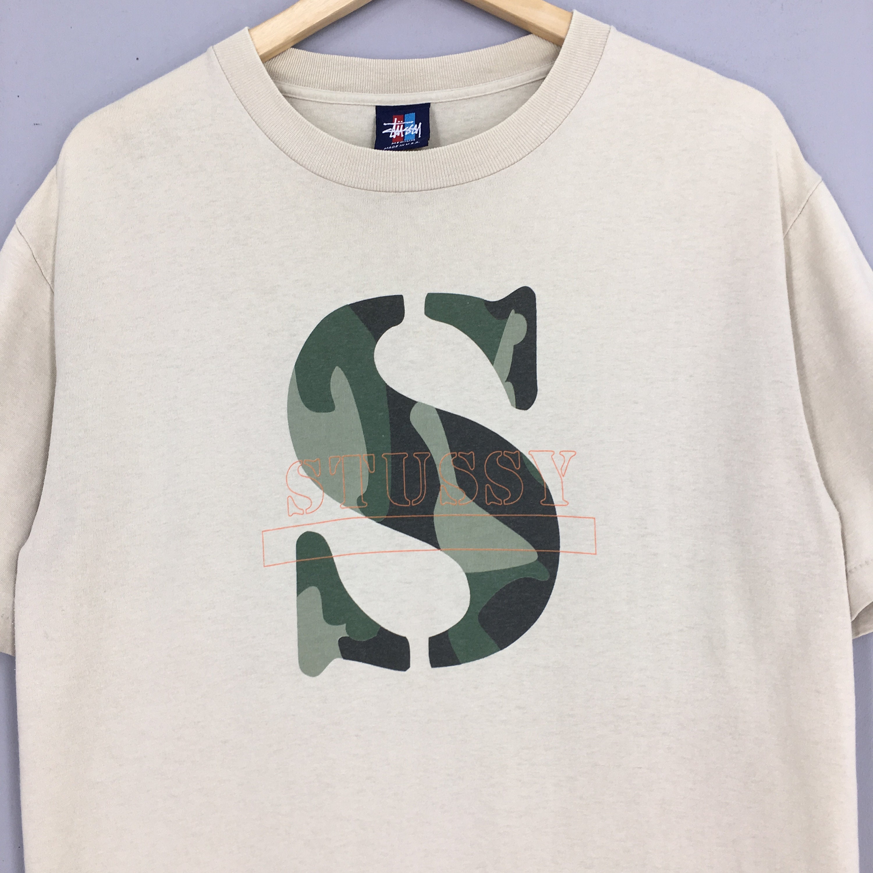 Vintage 90's Stussy Usa S Logo Camouflage Brown T Shirt Medium
