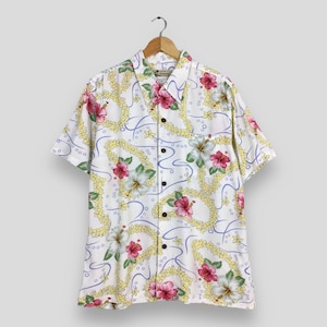 Vintage Kaluluwa Hawaii Aloha Floral Shirt Large Hawaiian Tropical Floral Hibiscus Beach Surf 80s Retro Honolulu Rayon Button Up Size L