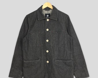 Vintage 90s American Denim Black Stripes Jacket Medium 1980s French Workwear Hickory Stripes Denim Coat Buttons Mens Outerwear Casual Size M