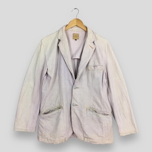 Vintage Casual Blazer Japanese Denim Workwear Jacket Large 80s Frenchwork American Workers Denim Coat Faded White Jacket Button Size L