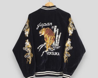 Giacca vintage Sukajan Tiger Yokosuka Souvenir Tiger, anni '80, grande giacca universitaria in velluto di bambù con ruggito di tigre giapponese Sukajan ricamato, taglia L
