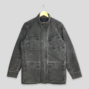 Vintage Japanese Workwear Denim Jeans Jacket Medium 1990&#39;s Distressed Style Workers Denim Black Men Jacket Safari Coat Button Size M