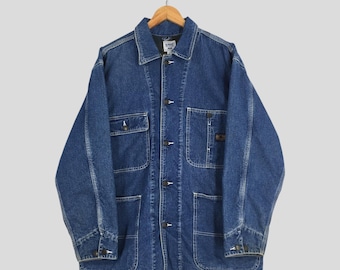 Vintage 1980-tals GL Heart Sanforized denim arbetarjacka stor fackföreningstillverkad blå Chore denim herrkläder fyrficksjacka 50-tals filtkappa storlek L
