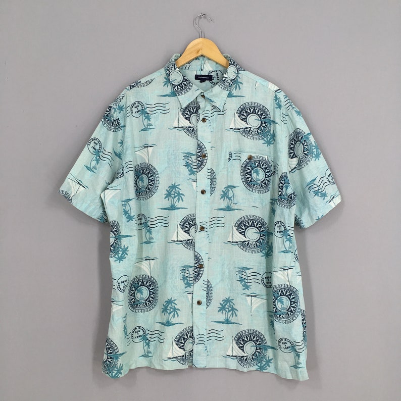 Hawaiian Cotton Shirt XLarge Vintage 90s Hawaii Honolulu Beach Surf Aloha Coconut Tree Beach Tropical Buttondown Size XL