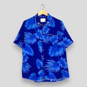 Vintage Aloha Wear  Floral Shirt Large Over Print Funky Blue Tropical Floral Leaves Party Disco Hawaii Summer Wear Button Up Shirt Size L