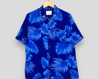 Camisa vintage Aloha con estampado floral, grande, con estampado tropical azul funky, hojas, para fiesta, discoteca, Hawaii, verano, talla L