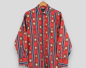 Vintage 1980-tals Wrangler Aztec Navajo Western röd skjorta stor Wrangler Brushpopper tribal randig Wrangler Pearl tryckknapp Rodeo skjorta L