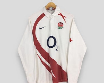 Vintage 2000er Jahre Nike O2 England Rugby Jersey Polo Rugby-Shirt Medium Weiß Nike O2 bedrucktes Langarm-Jersey Nike Roses Rugby Button T-Shirt M