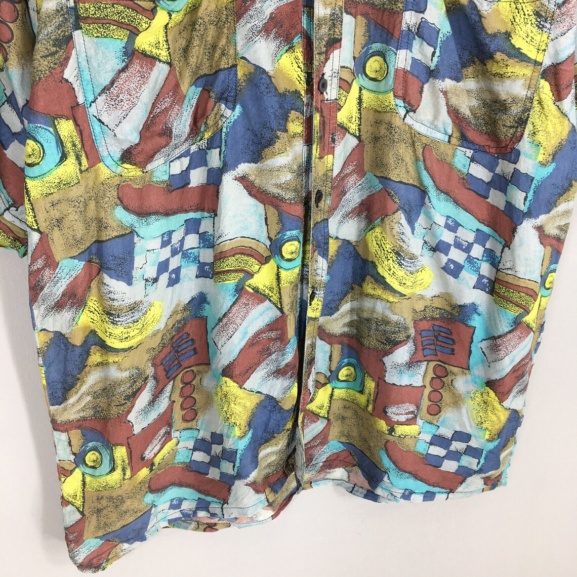 Vintage Psychedelic Abstract Aloha Silk Shirt Large Abstract Pattern Pop Art Beach Hawaii Surf Shirt Menswear Summer Button Up Size L, foto 4 di 5