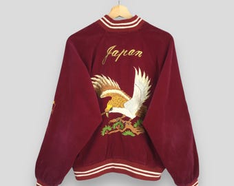 Giacca bomber giapponese Sukajan vintage anni '80 con aquila fenice giapponese Sukajan, taglia M, colore bordeaux, con ricamo giapponese e uccello fenice.