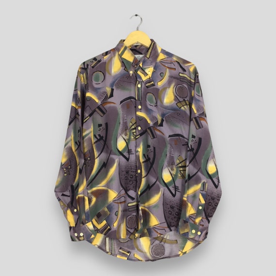Vintage 1990's Abstract Pattern Rayon Shirt Medium Pop Art Funky Artwork Party Psychedelic Multicolor Artist Retro Button Down Oxford Size M