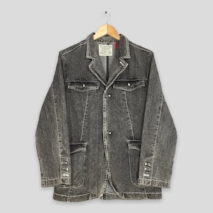 Vintage 90&#39;s Big Shark Denim Workers Black Jeans Jacket Medium Men Workwear Style Casual Formal Coats Faded Black Sanforized Jacket Size M